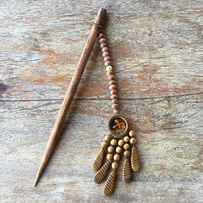 Handmade Natural Wood Beaded Hair Sticks. Unique Up Cycled Wooden Hair Accessories Woman